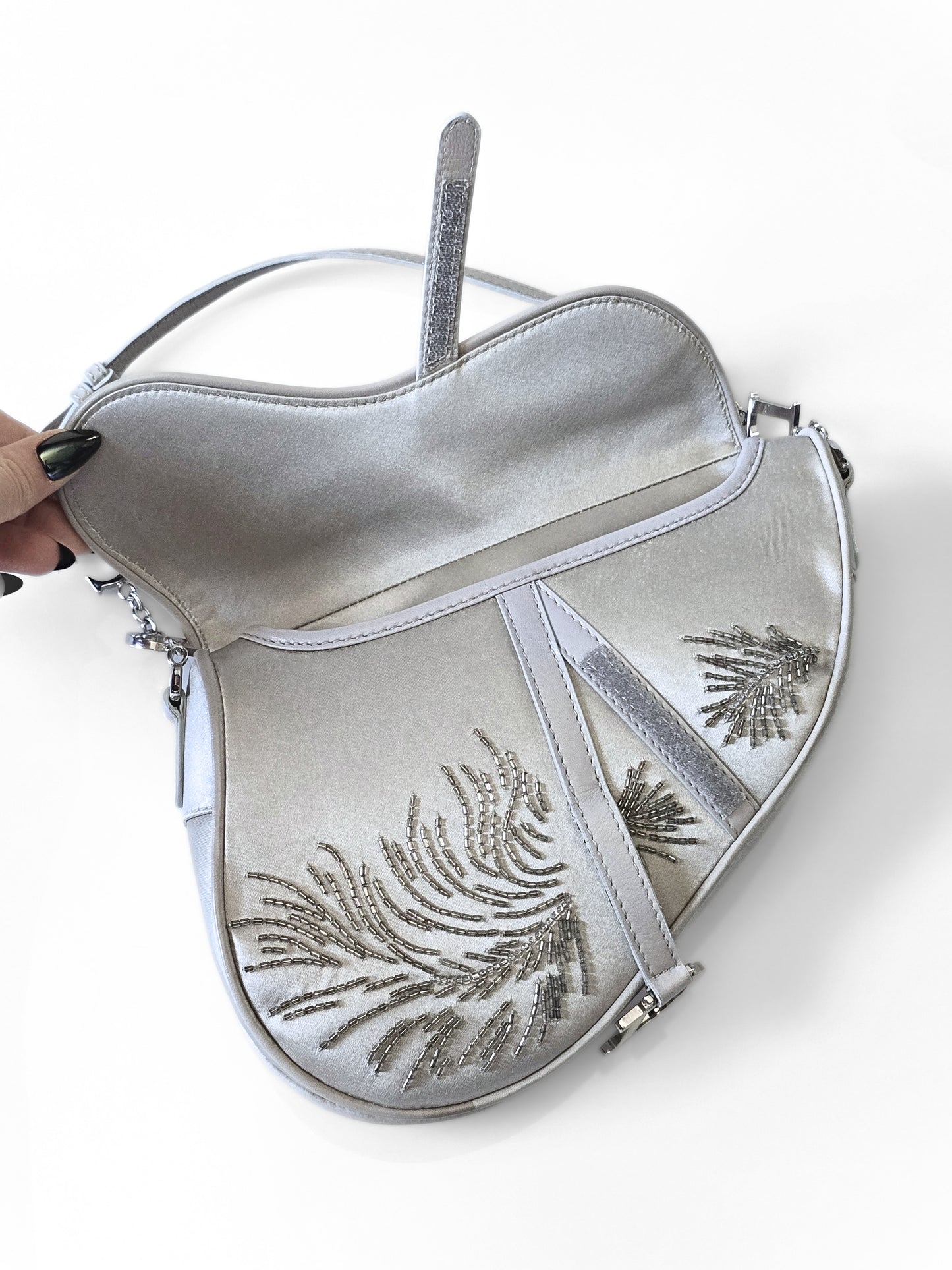 Dior Saddle Bag Limited Edition Beaded Silver Silk