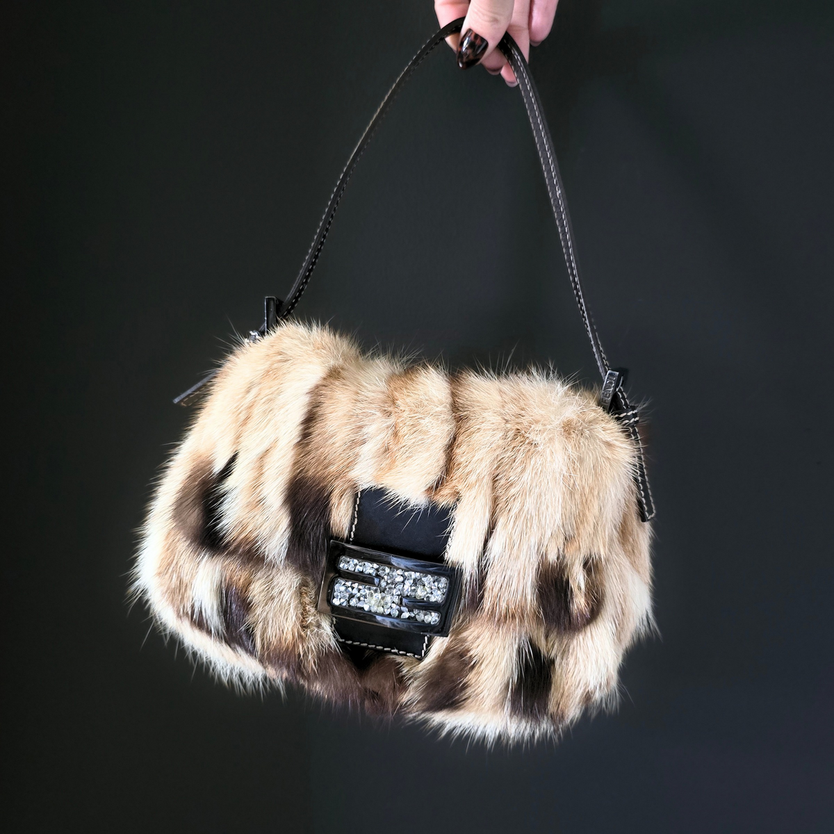 Fendi Mini Mama Baguette Genuine Mink Fur Crystal Detail