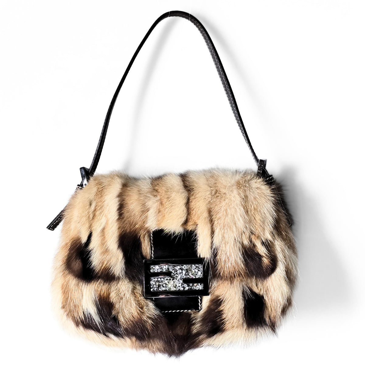 Fendi Mini Mama Baguette Genuine Mink Fur Crystal Detail