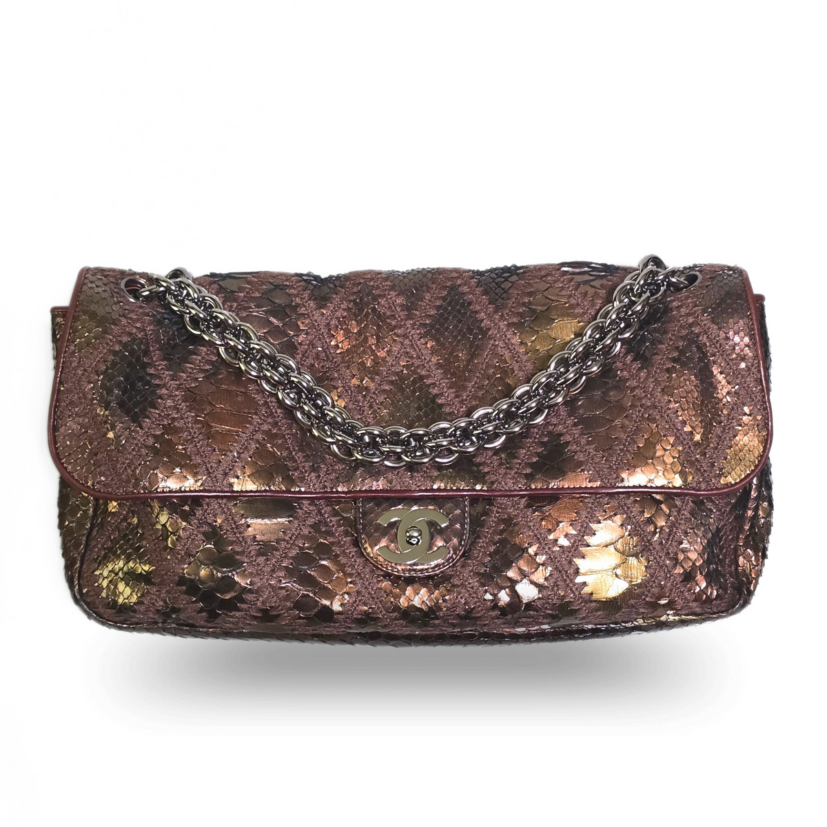 Chanel Single Flap Soft Crochet Bronze Metallic Python