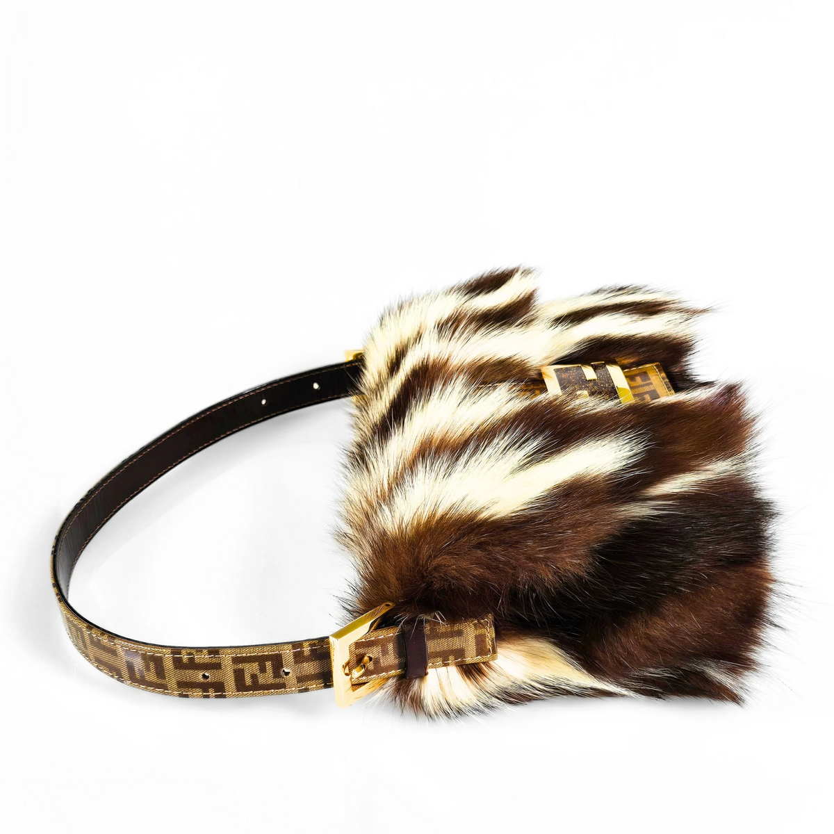 Fendi Baguette Genuine Skunk Fur Zucchino Trim Gold Glitter HW