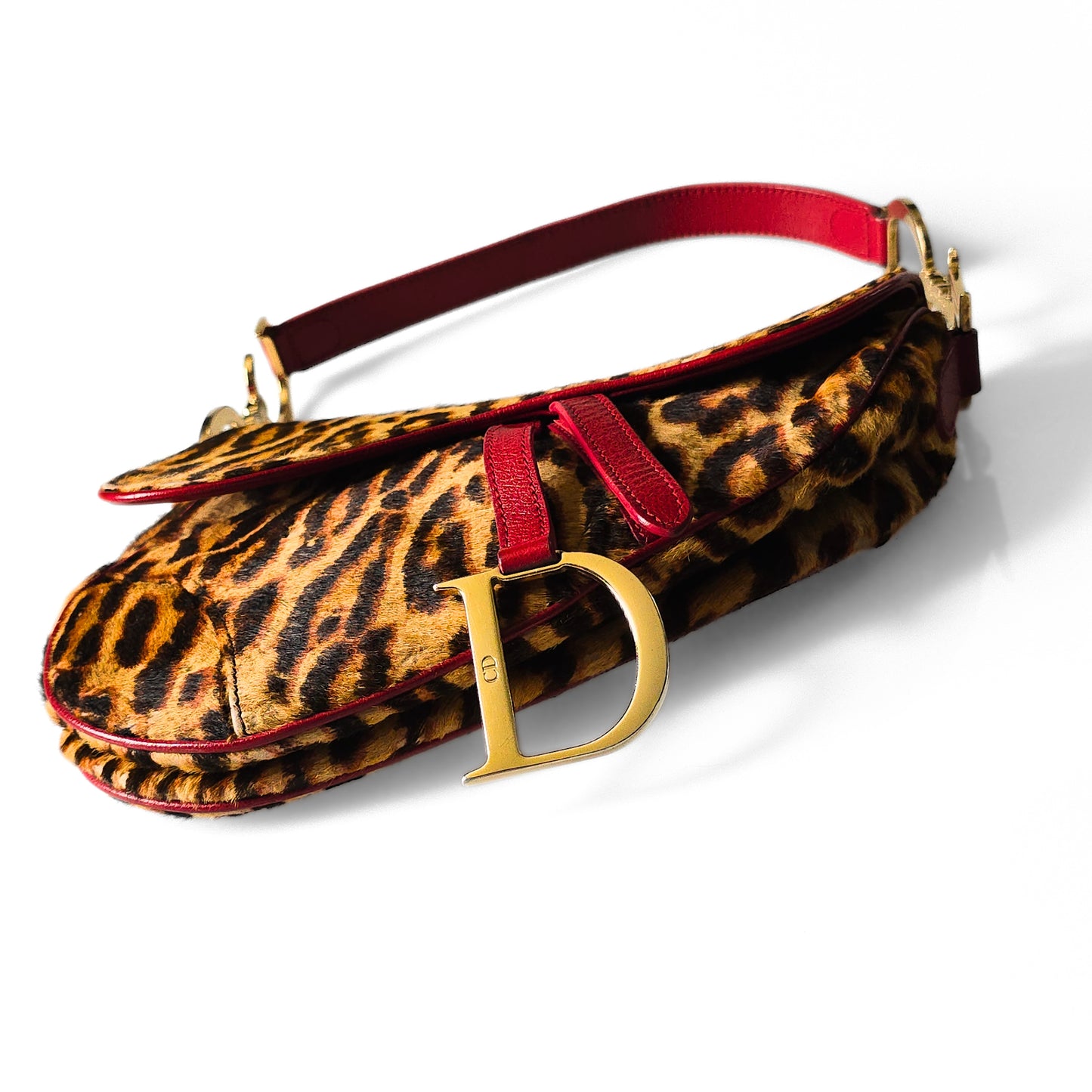 Dior Saddle Bag Leopard Pony-Hair Red Leather Detail