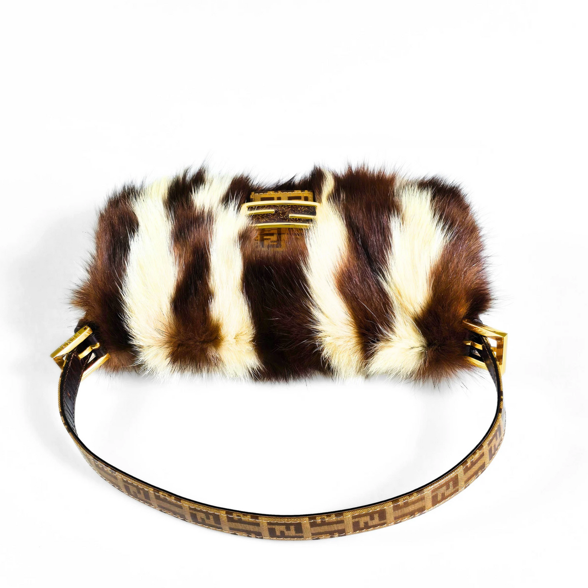 Fendi Baguette Genuine Skunk Fur Zucchino Trim Gold Glitter HW