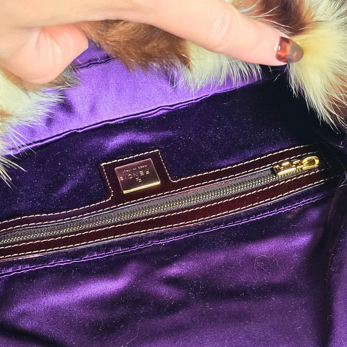Fendi Baguette Genuine Skunk Fur Zucchino Trim Gold Glitter HW