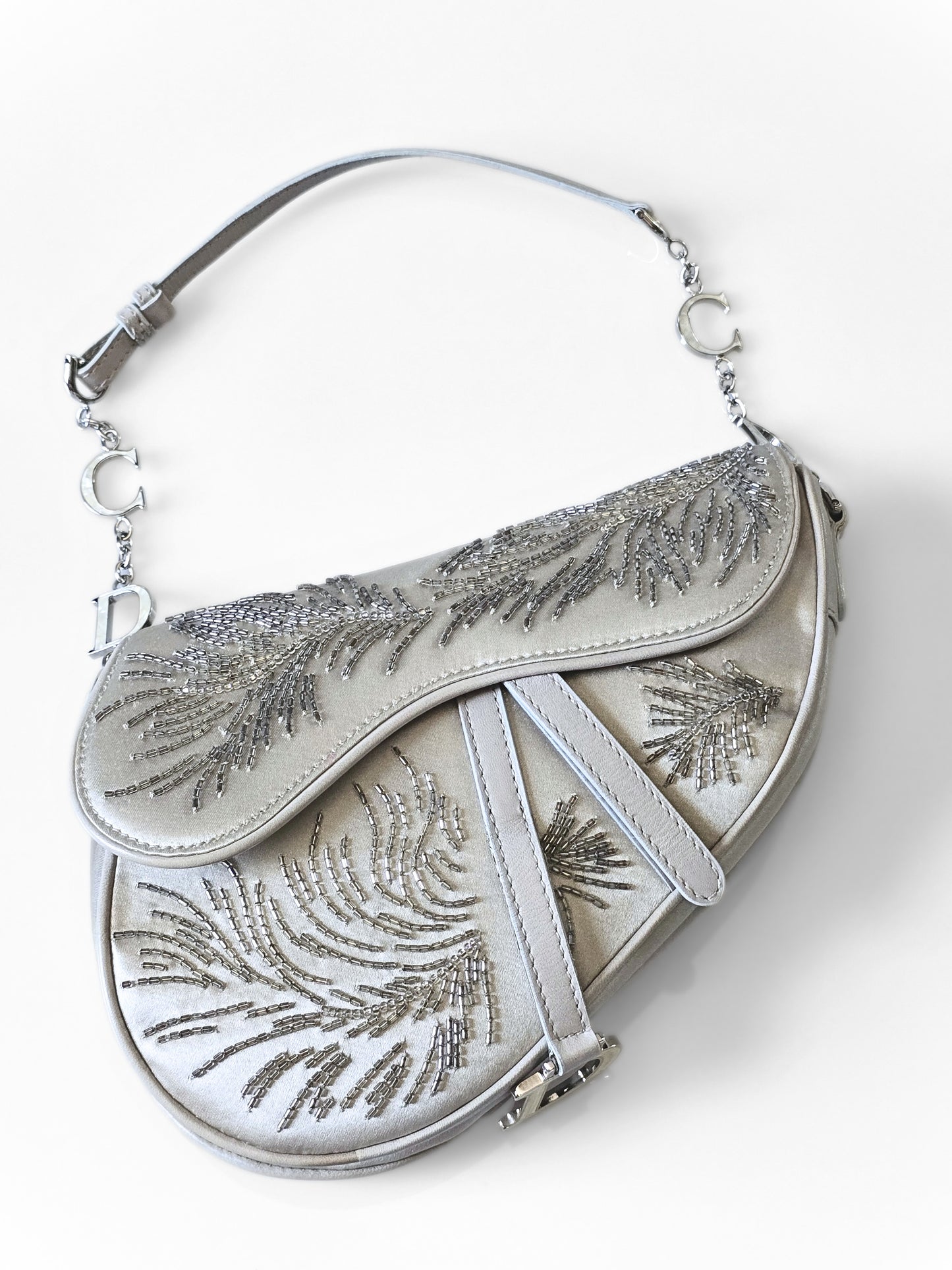 Dior Saddle Bag Limited Edition Beaded Silver Silk