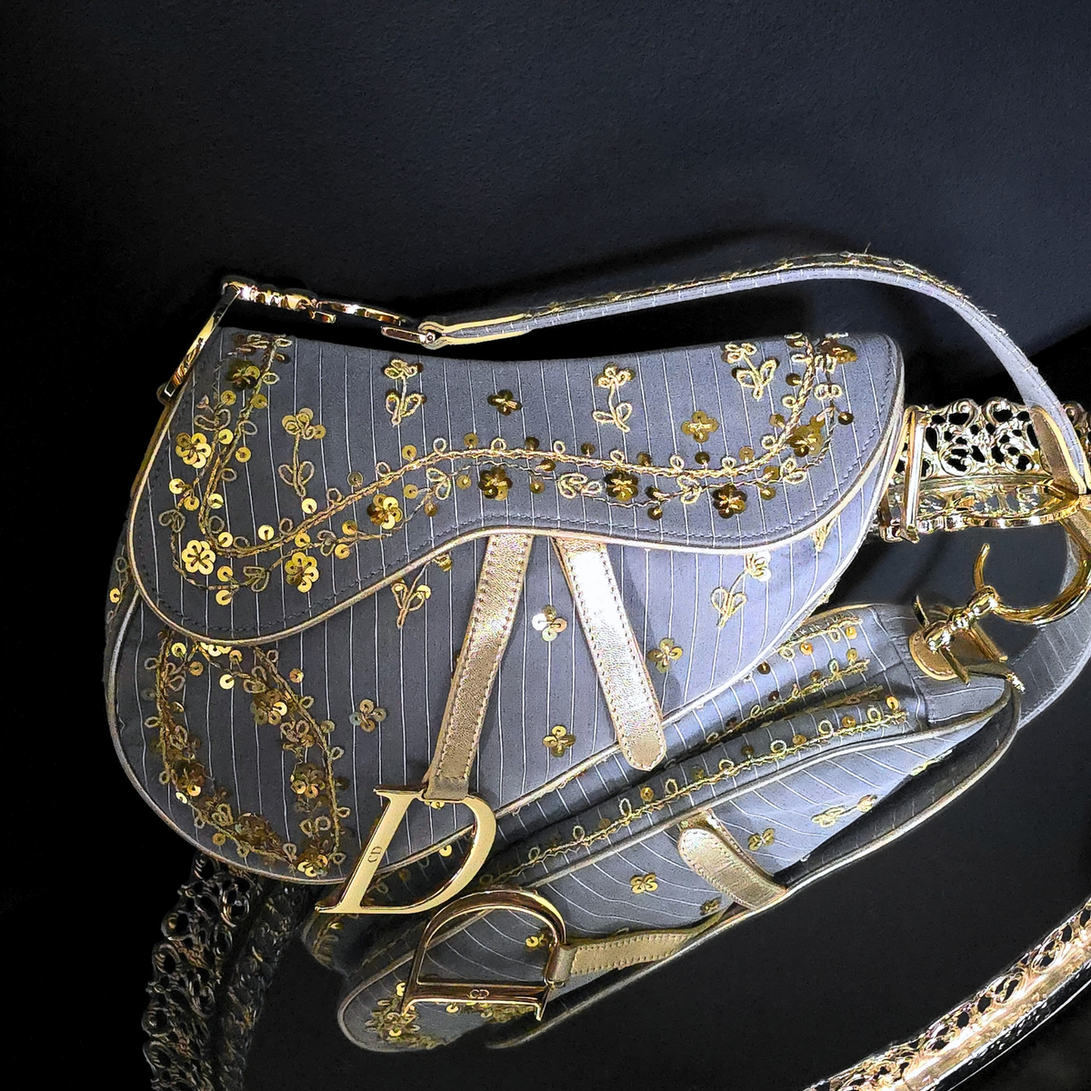 Dior Saddle Bag Limited Edition Pinstripe Sequin Embroidered