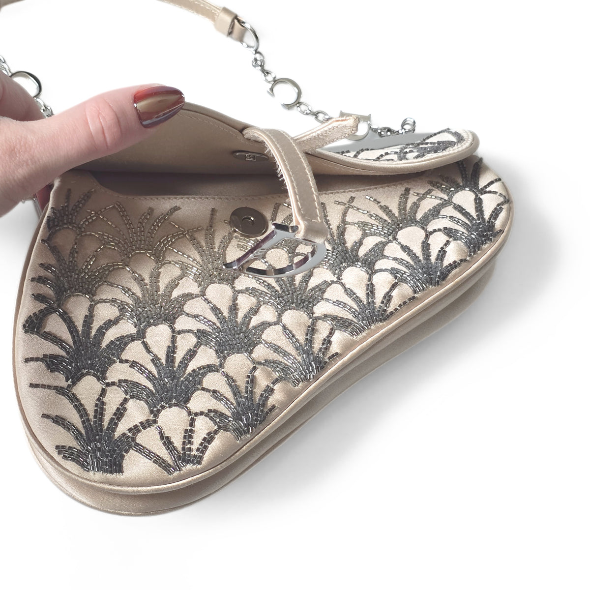 Dior Limited Edition Small Frame Saddle Bag Nude Silk Silver Beading