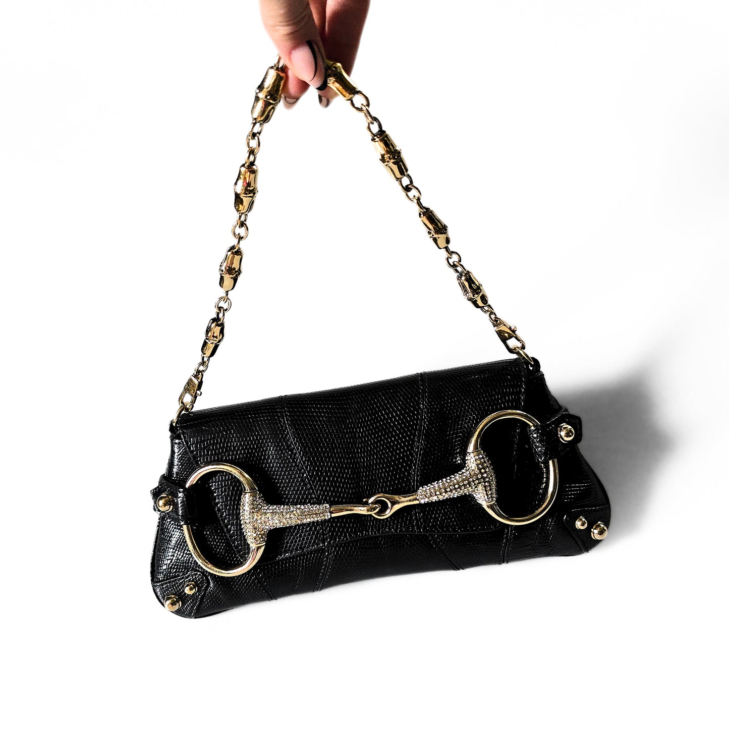 Gucci Horsebit Clutch Lizard Leather Crystal Hardware