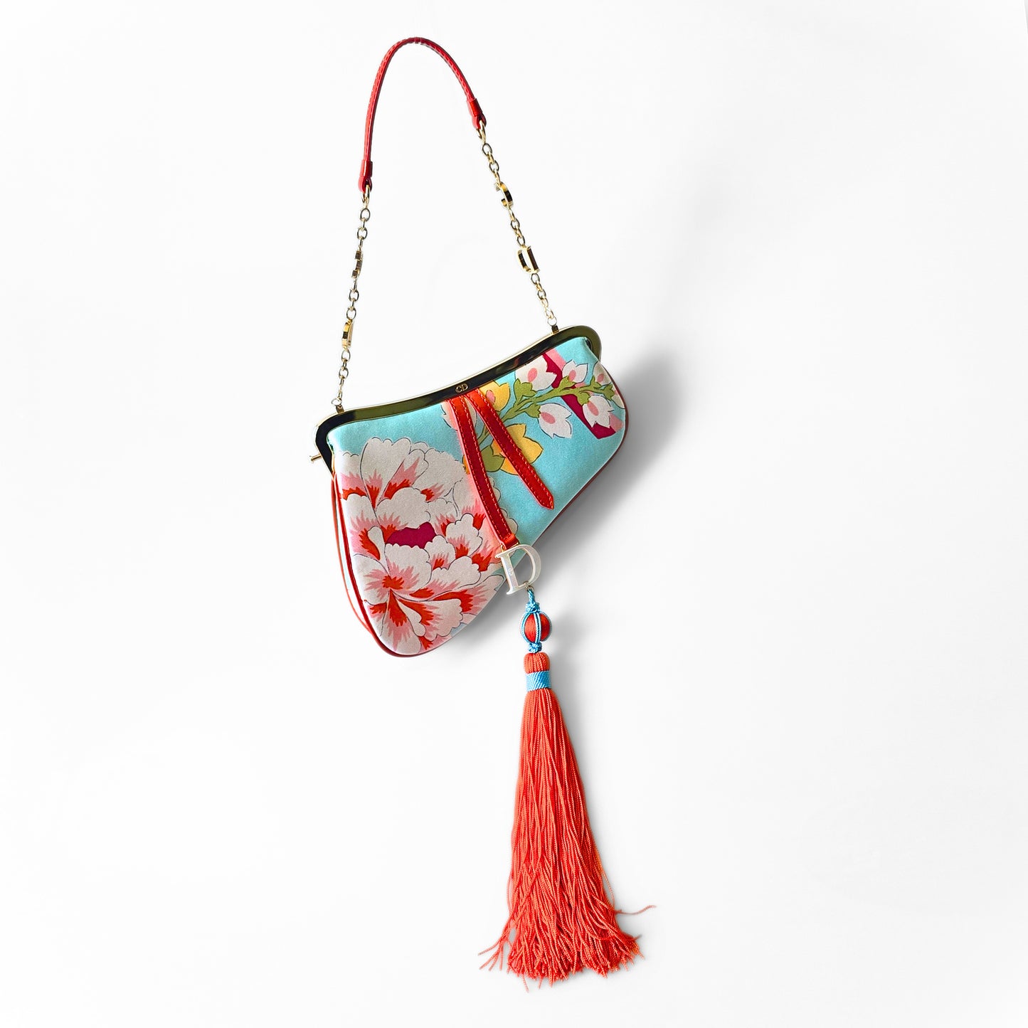 Dior Limited Edition 2003 Runway Floral Print Silk Mini Frame Saddle Bag Front Tassel Detail