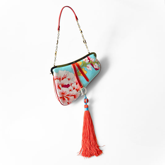 Dior Limited Edition 2003 Runway Floral Print Silk Mini Frame Saddle Bag Front Tassel Detail