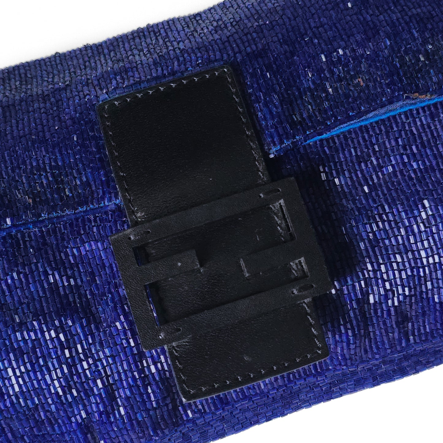 Fendi Baguette Beaded Sapphire Blue Black Leather Detail