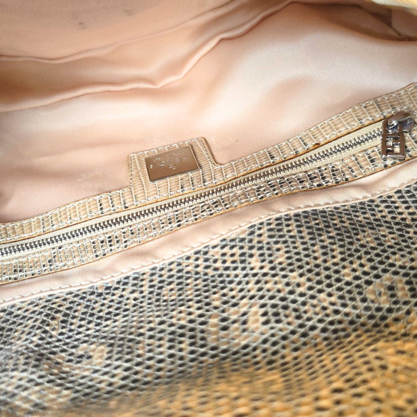 Fendi Baguette Nude Iridescent Sequins Lizard Leather Trim Detail