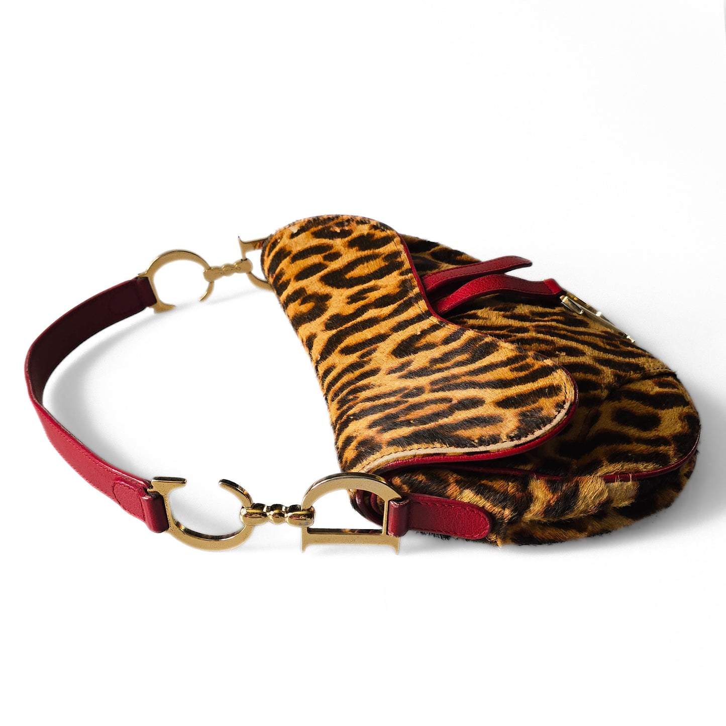 Dior Saddle Bag Leopard Pony-Hair Red Leather Detail