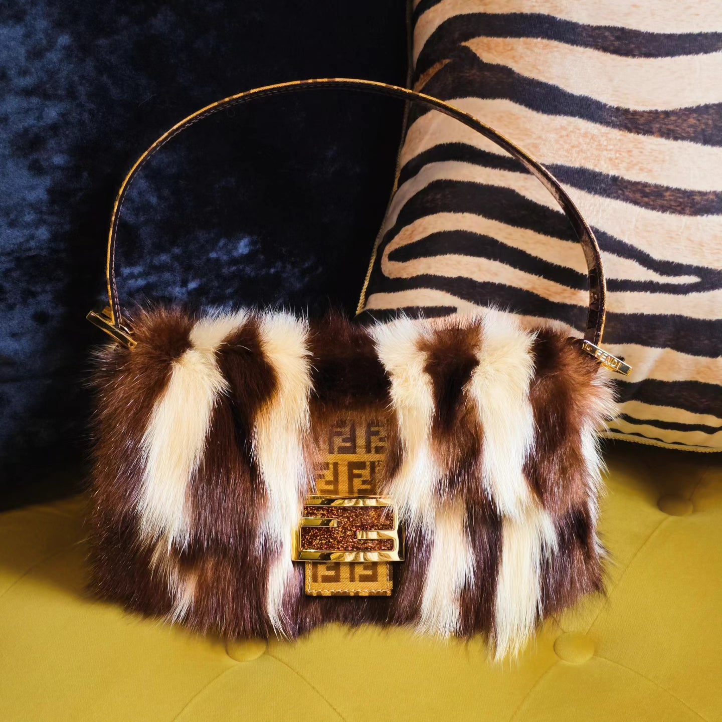 Fendi Baguette Genuine Skunk Fur Zucchino Trim Gold Glitter HW