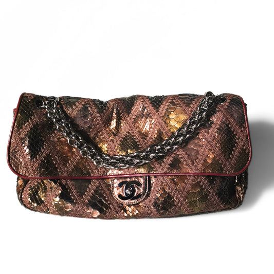 Chanel Single Flap Soft Crochet Bronze Metallic Python