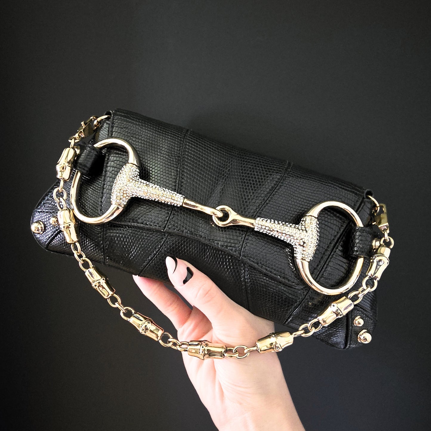 Gucci Horsebit Clutch Lizard Leather Crystal Hardware