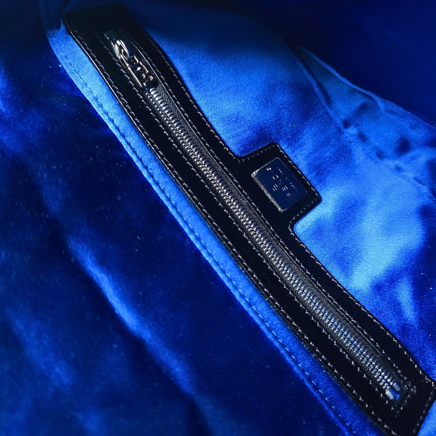 Fendi Baguette Beaded Sapphire Blue Black Leather Detail