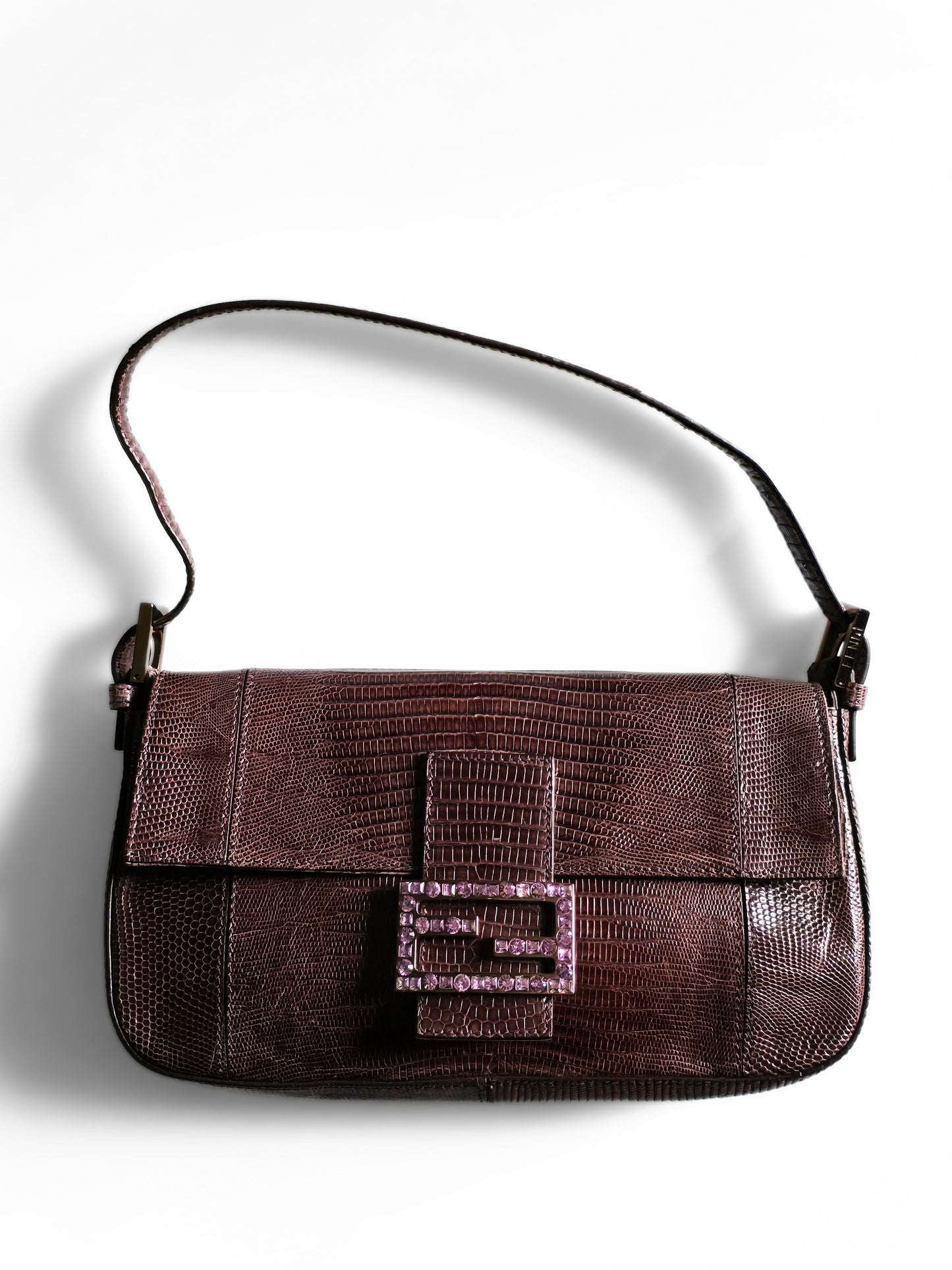 Fendi Baguette Deep Brown Lizard Leather with Lilac Crystal Buckle