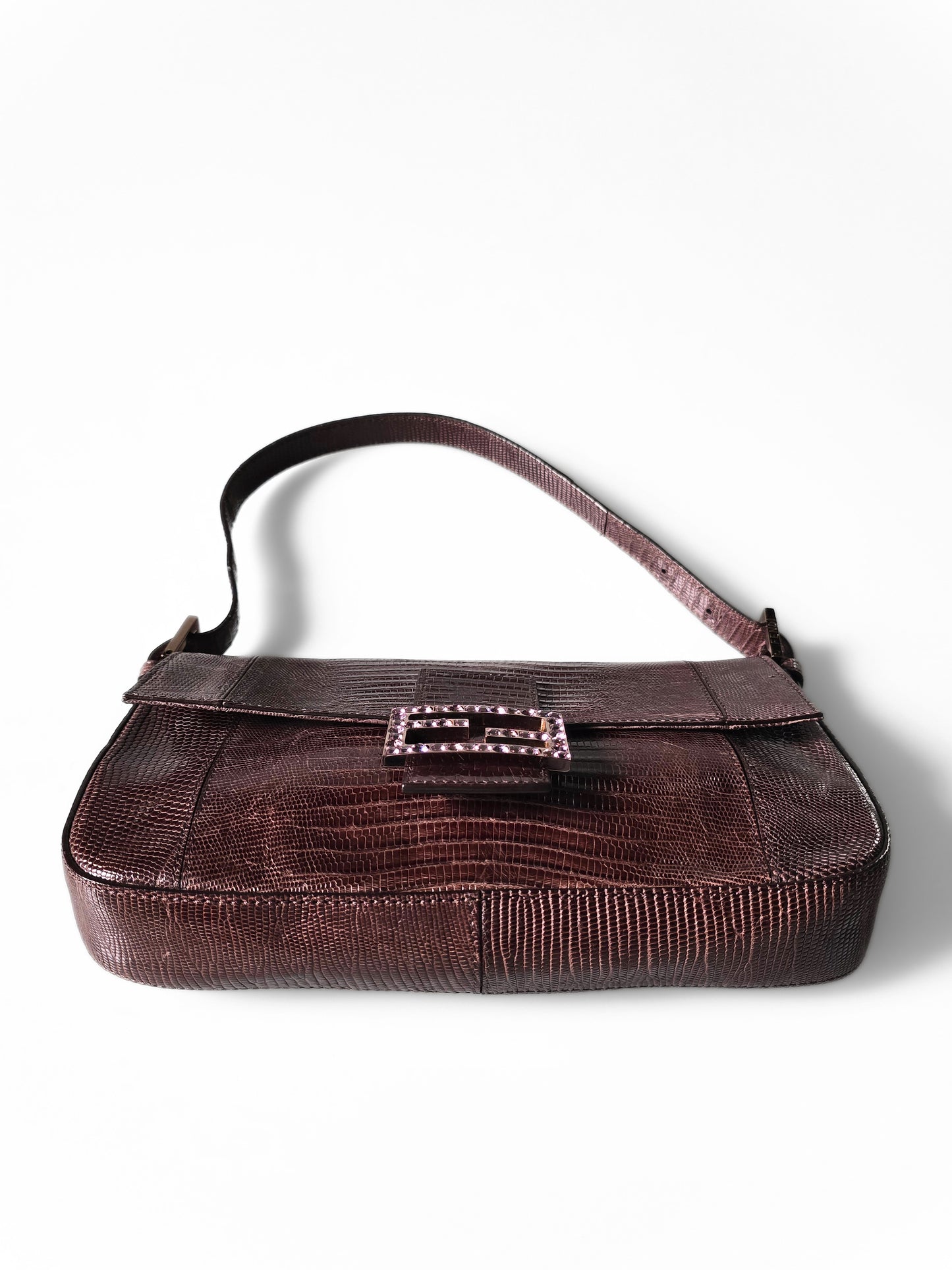 Fendi Baguette Deep Brown Lizard Leather with Lilac Crystal Buckle