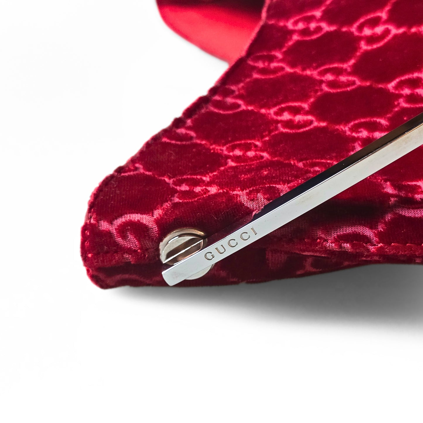 Gucci by Tom Ford 1997 Red Velvet GG Monogram Chrome Metal Handle