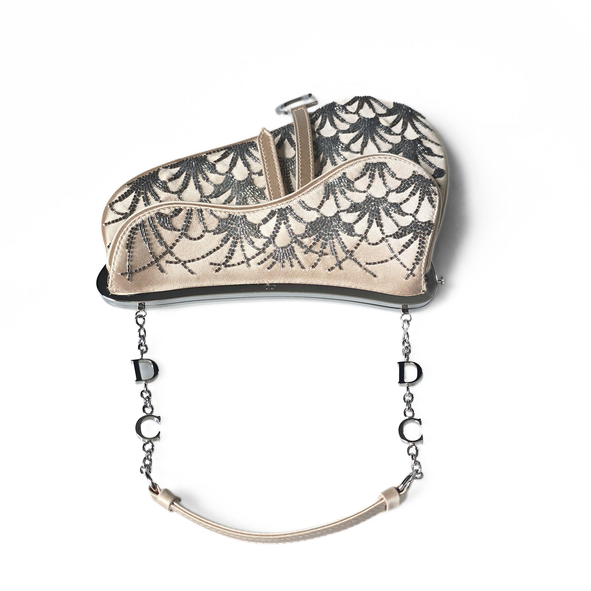 Dior Limited Edition Small Frame Saddle Bag Nude Silk Silver Beading