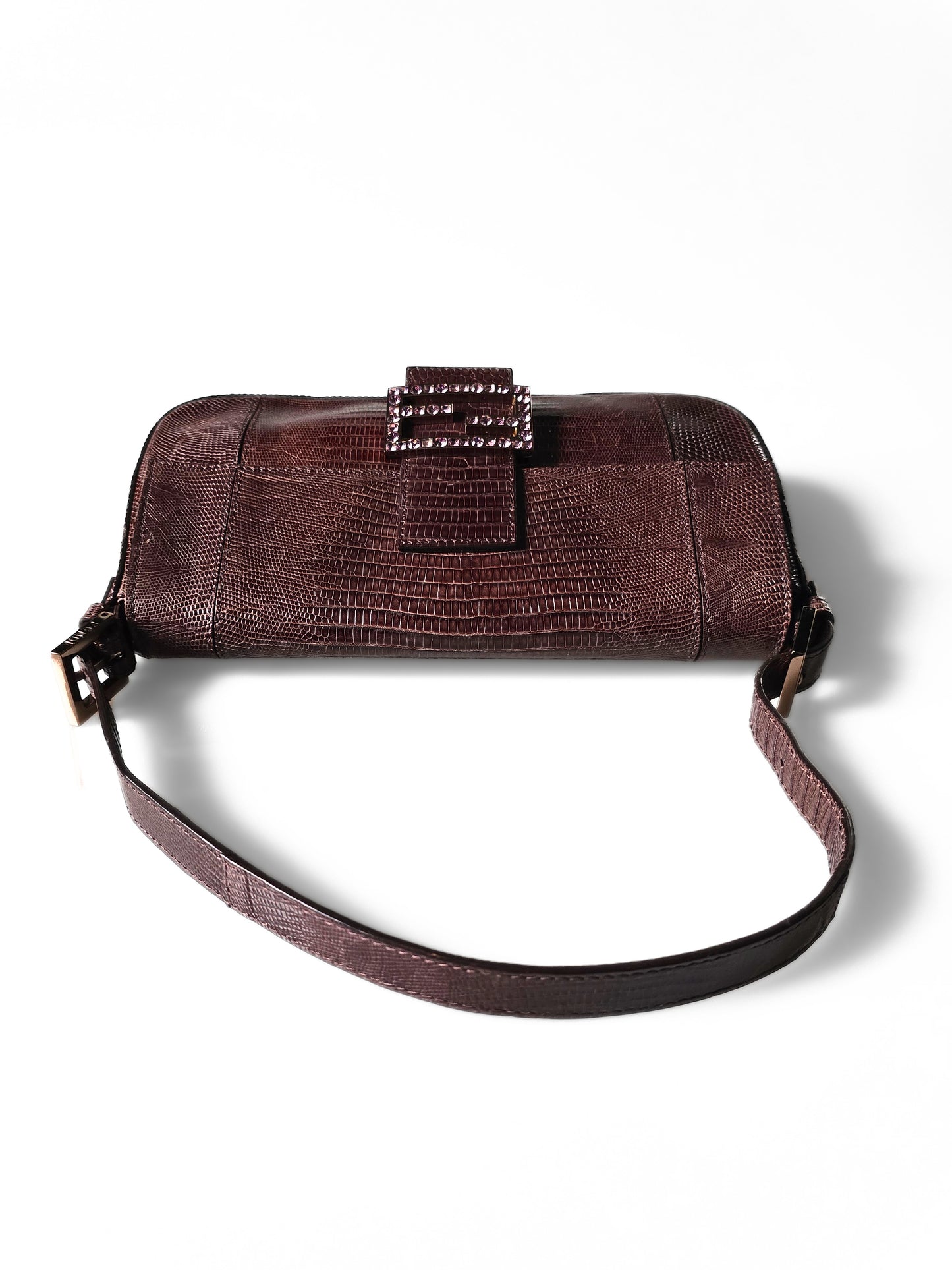 Fendi Baguette Deep Brown Lizard Leather with Lilac Crystal Buckle