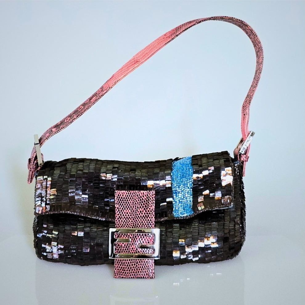 Fendi Baguette Sequins with Beaded Stripe Detailing and Lizard Trim