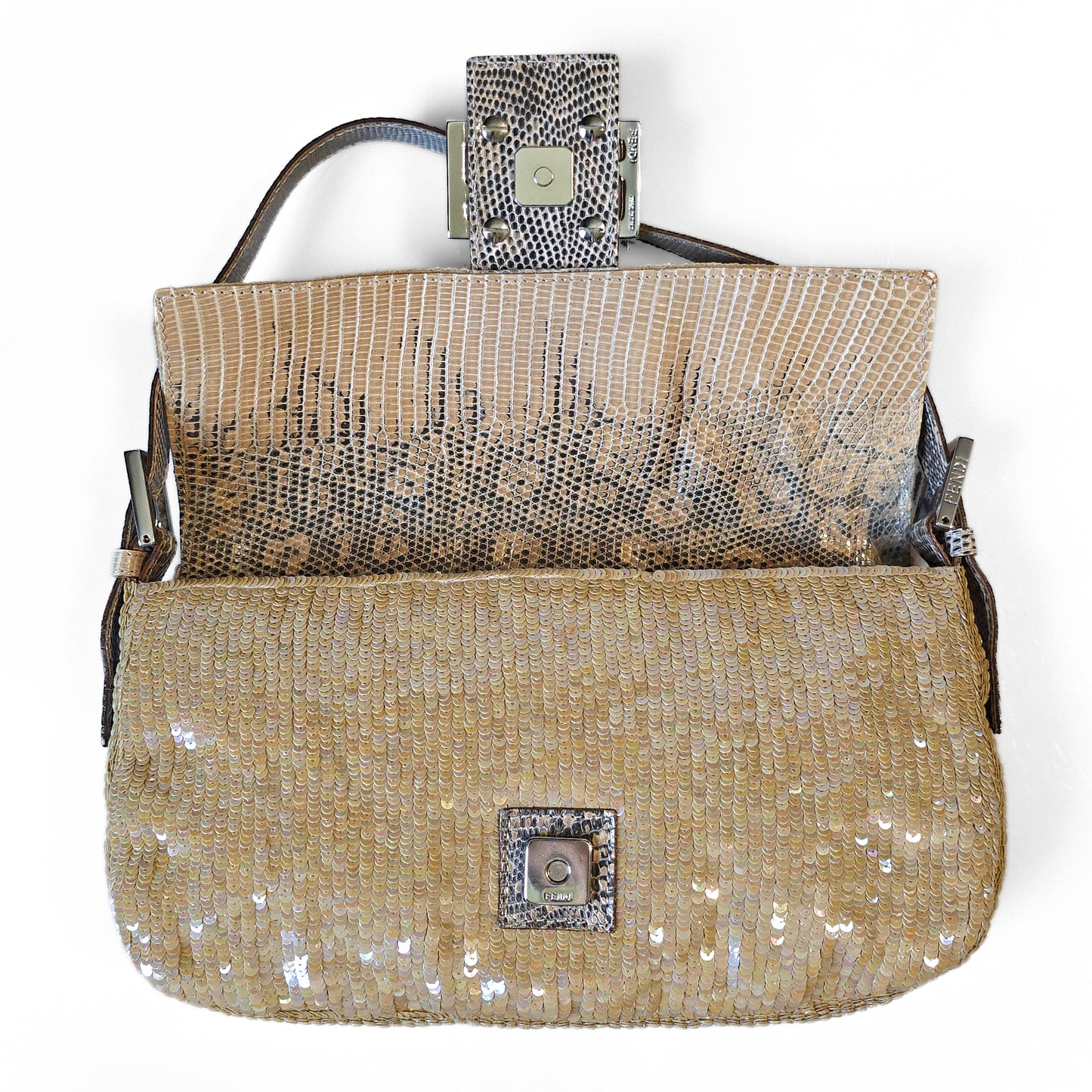 Fendi Baguette Nude Iridescent Sequins Lizard Leather Trim Detail