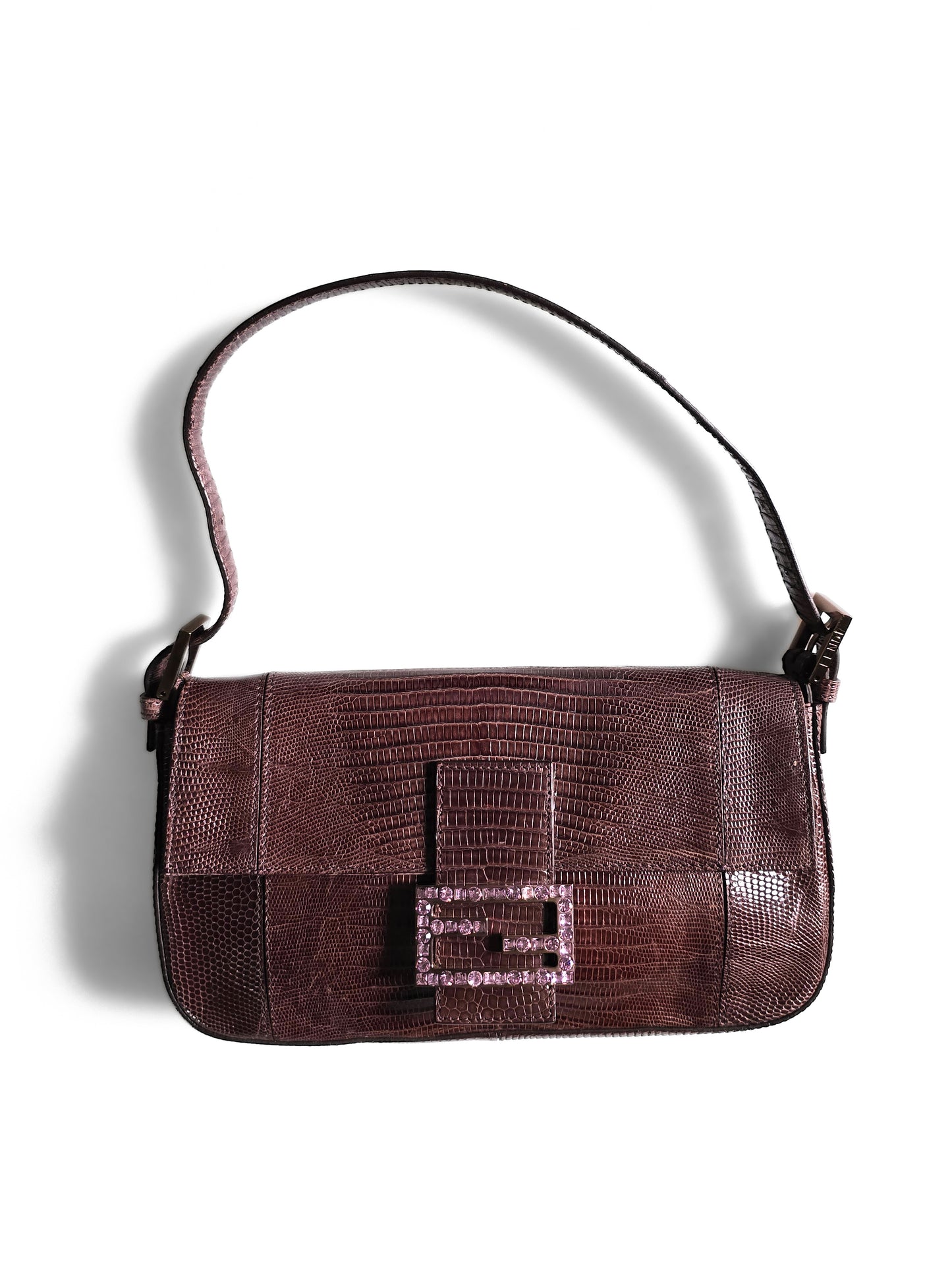 Fendi Baguette Deep Brown Lizard Leather with Lilac Crystal Buckle