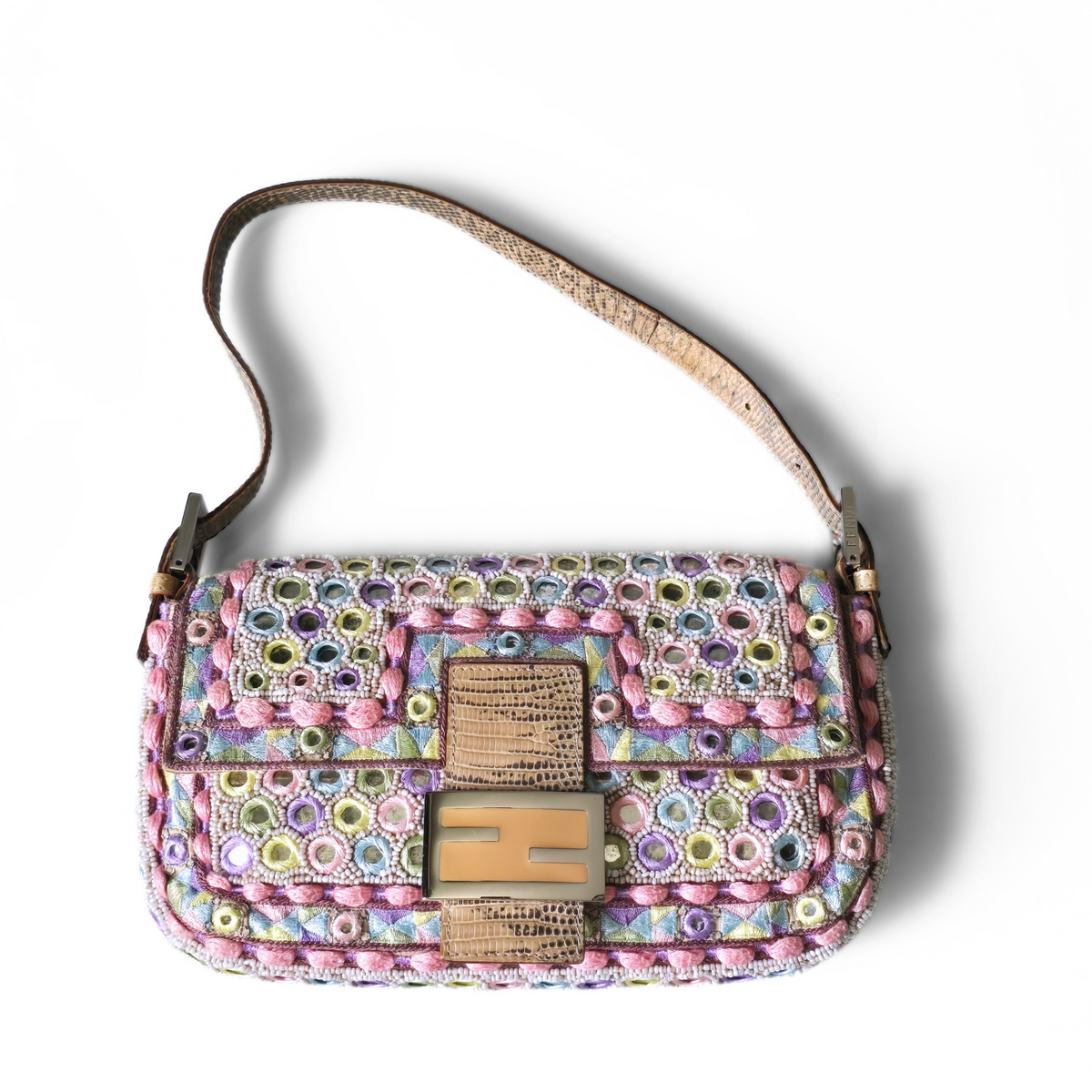Fendi Baguette Pastels Mirror Embroidered Beaded Lizard Leather Trim