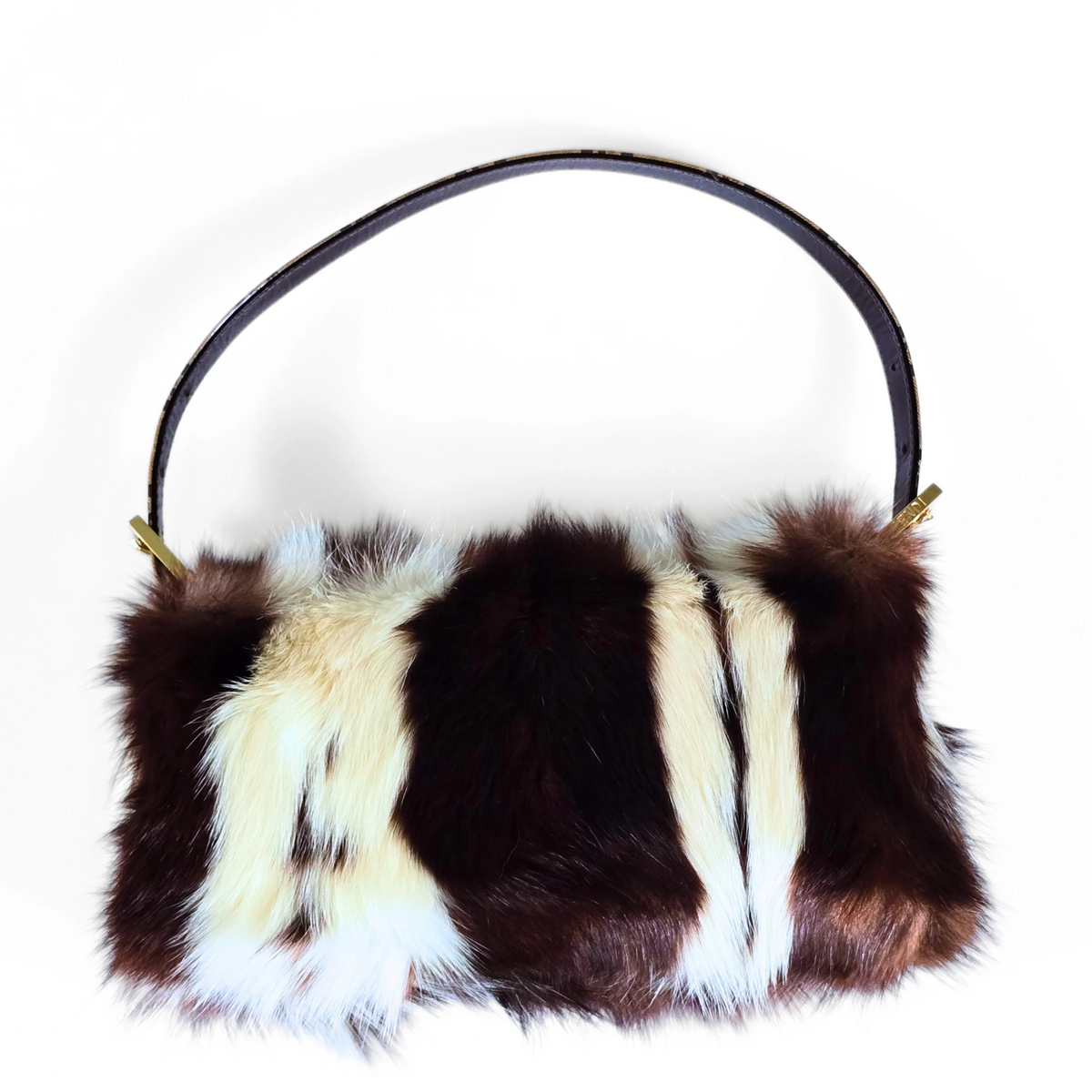 Fendi Baguette Genuine Skunk Fur Zucchino Trim Gold Glitter HW