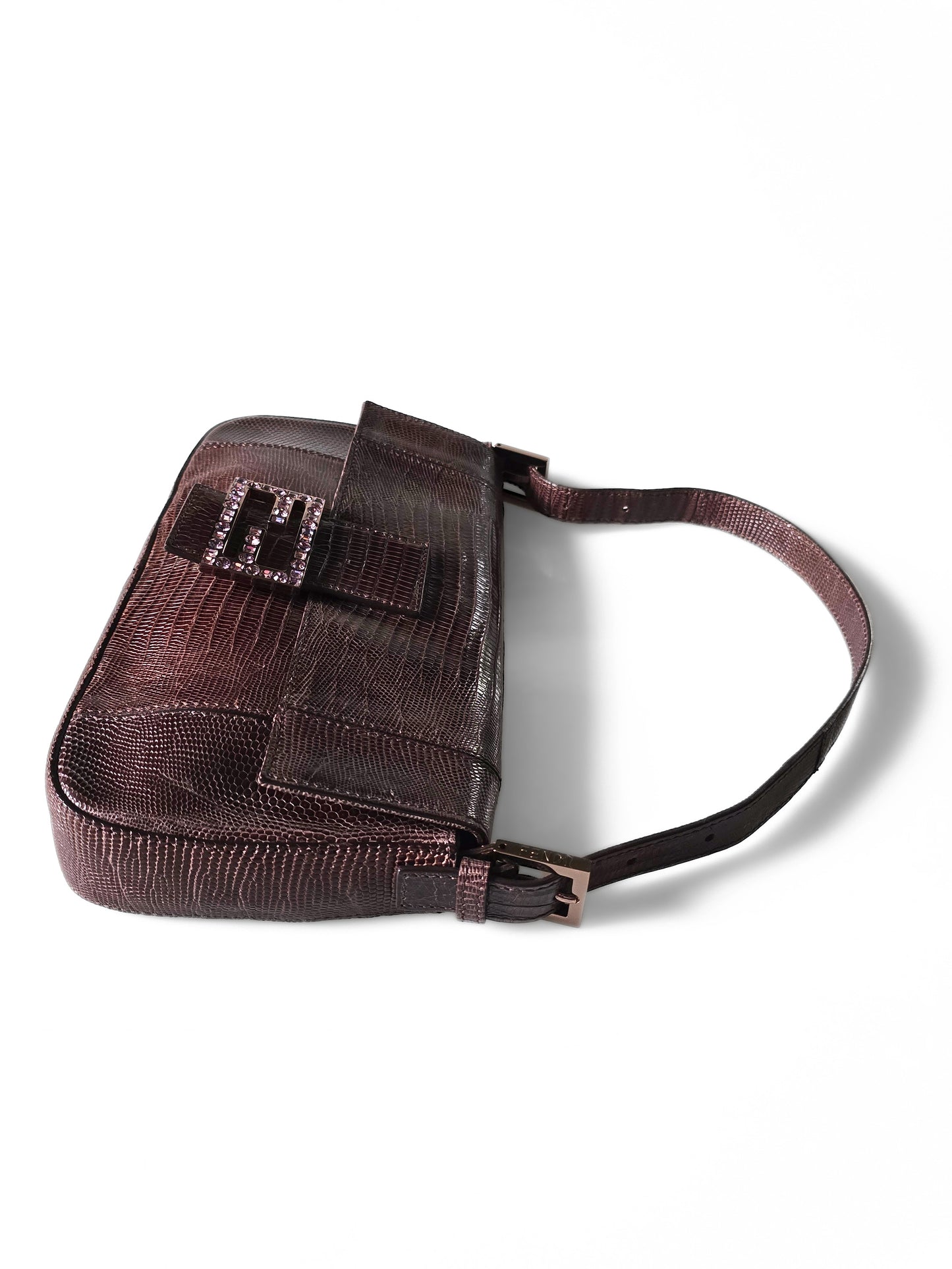Fendi Baguette Deep Brown Lizard Leather with Lilac Crystal Buckle