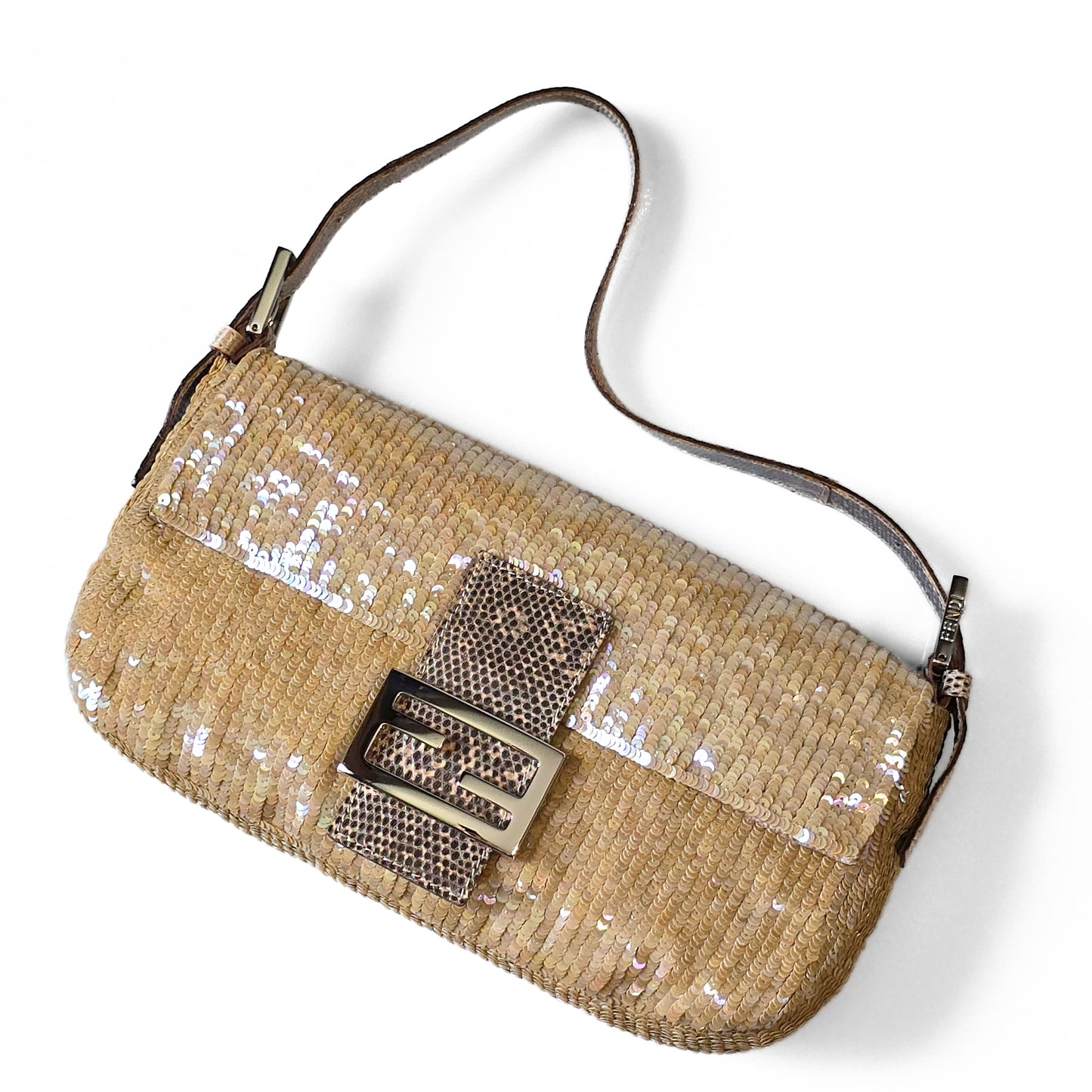 Fendi Baguette Nude Iridescent Sequins Lizard Leather Trim Detail