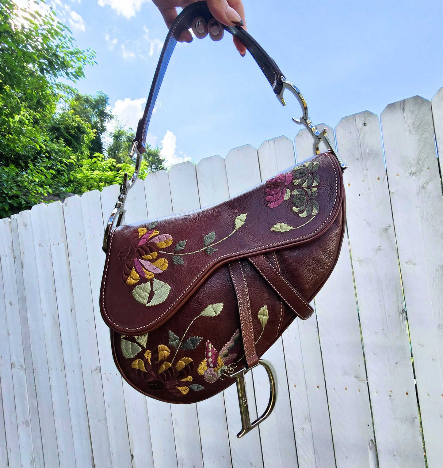 Dior Saddle Bag Floral Butterfly Embroidery Brown Leather
