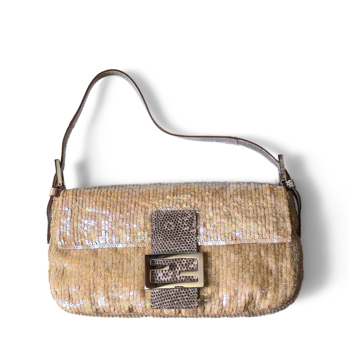 Fendi Baguette Nude Iridescent Sequins Lizard Leather Trim Detail
