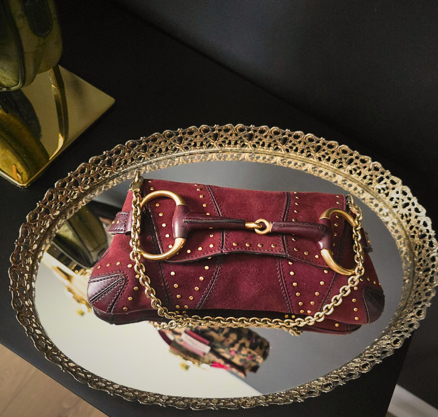 Gucci Horsebit Clutch Tom Ford Era Burgundy Suede Studded
