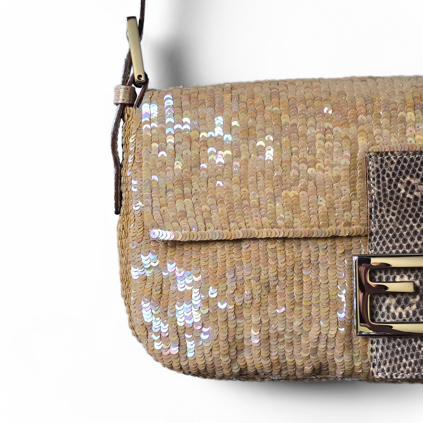 Fendi Baguette Nude Iridescent Sequins Lizard Leather Trim Detail