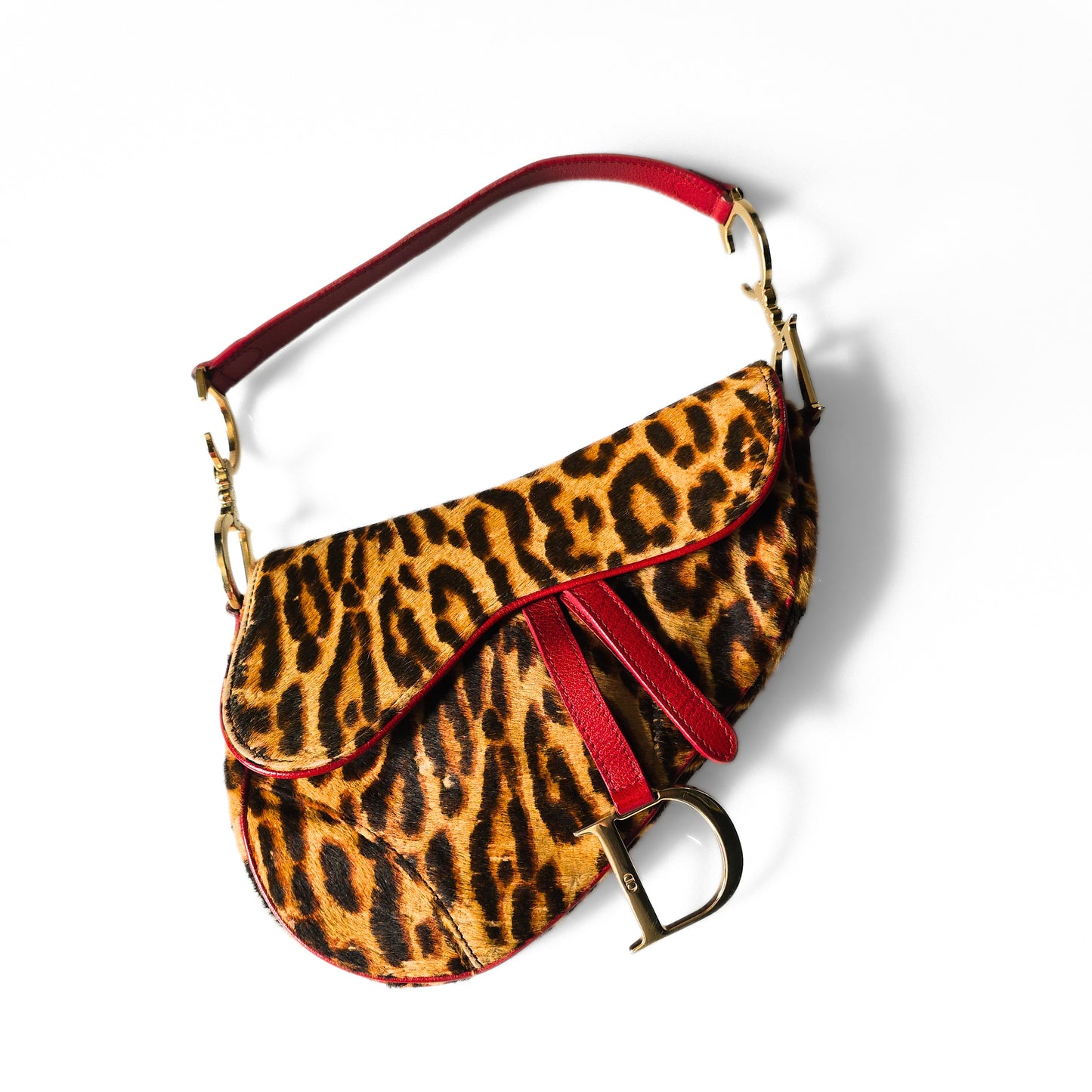 Dior Saddle Bag Leopard Pony-Hair Red Leather Detail