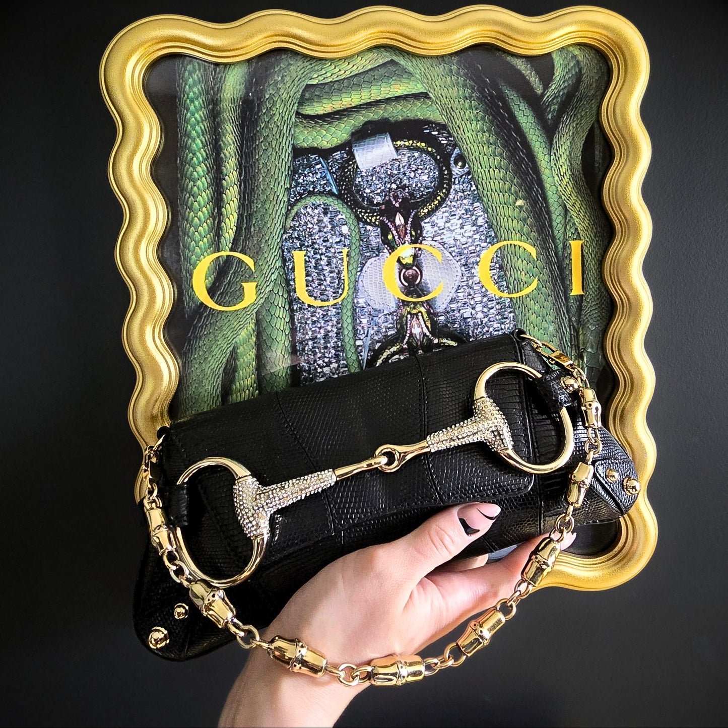 Gucci Horsebit Clutch Lizard Leather Crystal Hardware