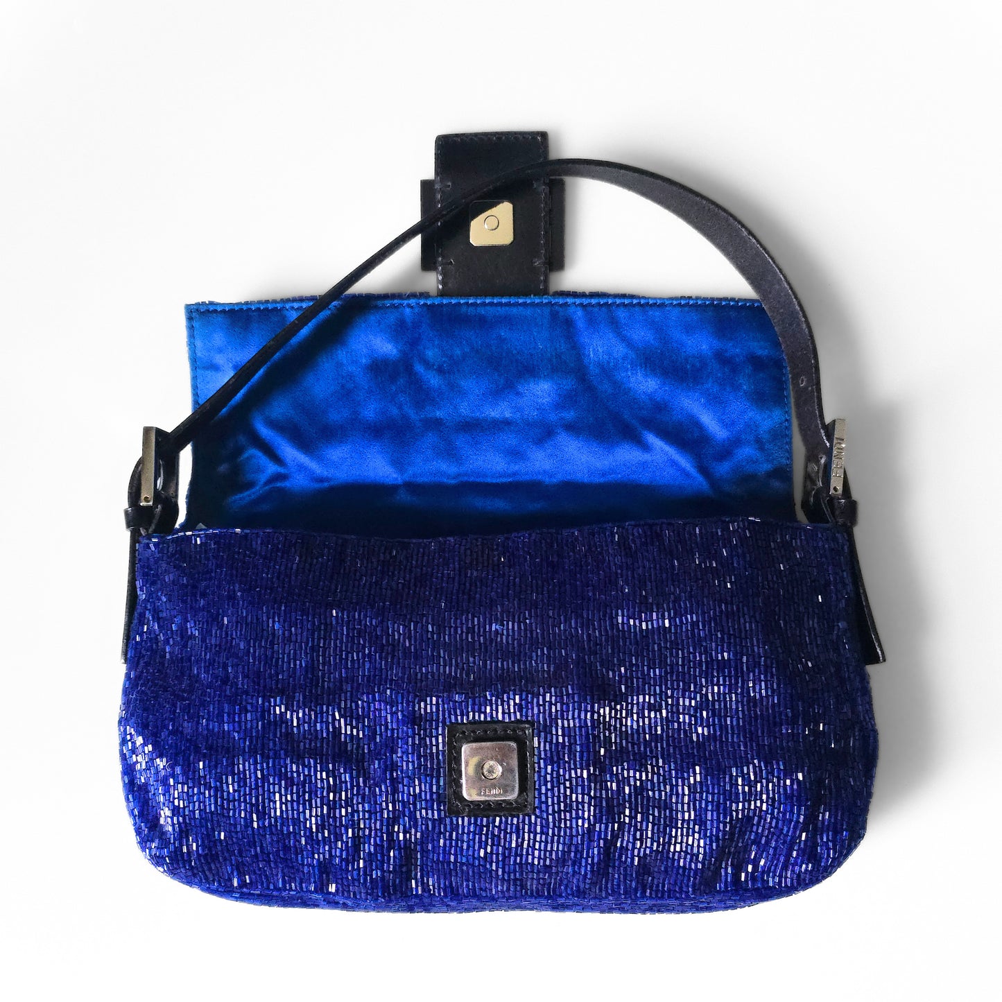 Fendi Baguette Beaded Sapphire Blue Black Leather Detail