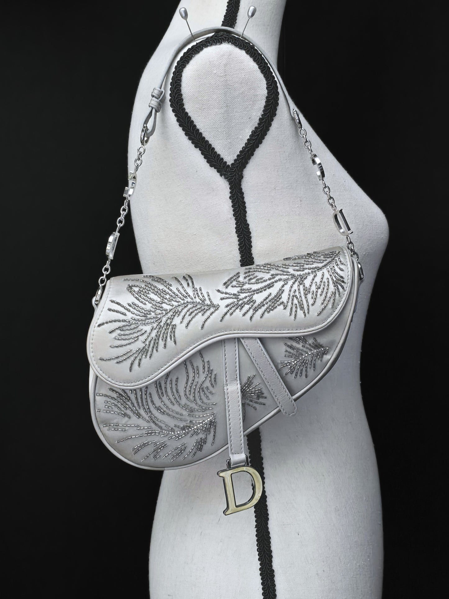 Dior Saddle Bag Limited Edition Beaded Silver Silk