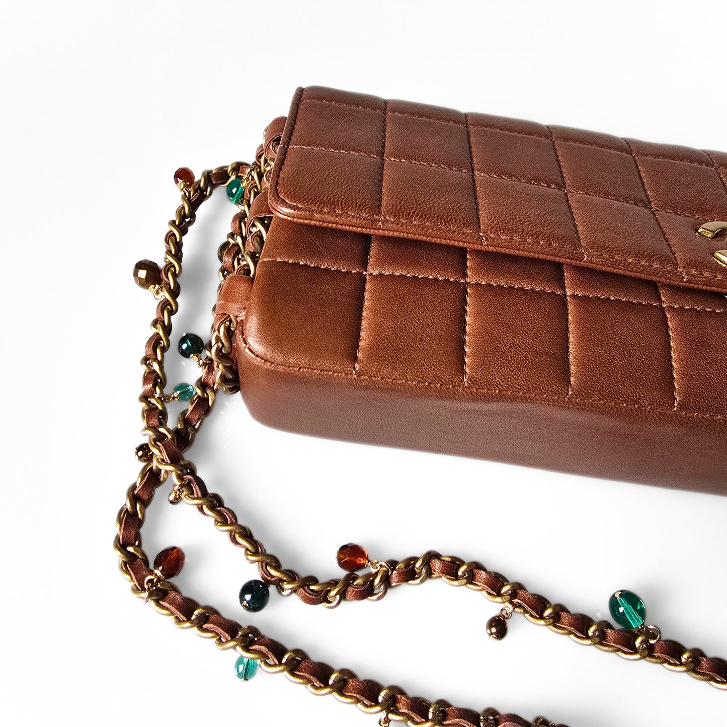 Chanel Chocolate Bar Single Flap Bag Rare Beaded Embellished Chain Strap