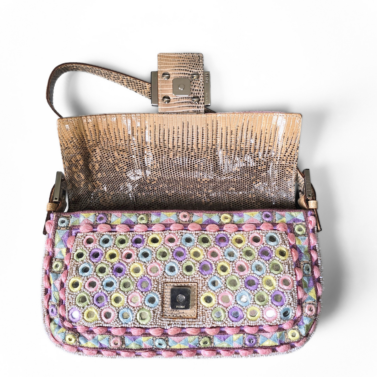 Fendi Baguette Pastels Mirror Embroidered Beaded Lizard Leather Trim