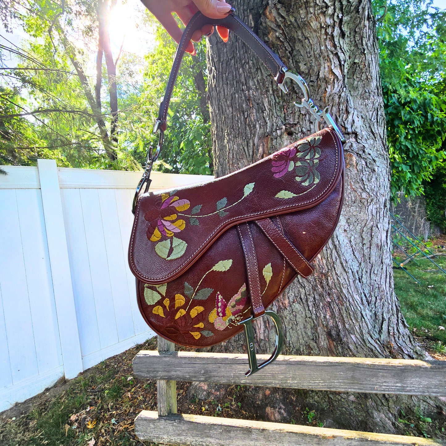 Dior Saddle Bag Floral Butterfly Embroidery Brown Leather