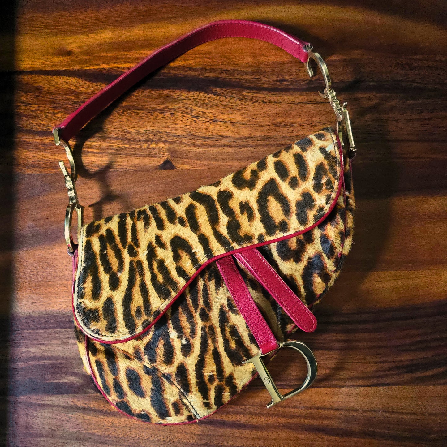 Dior Saddle Bag Leopard Pony-Hair Red Leather Detail