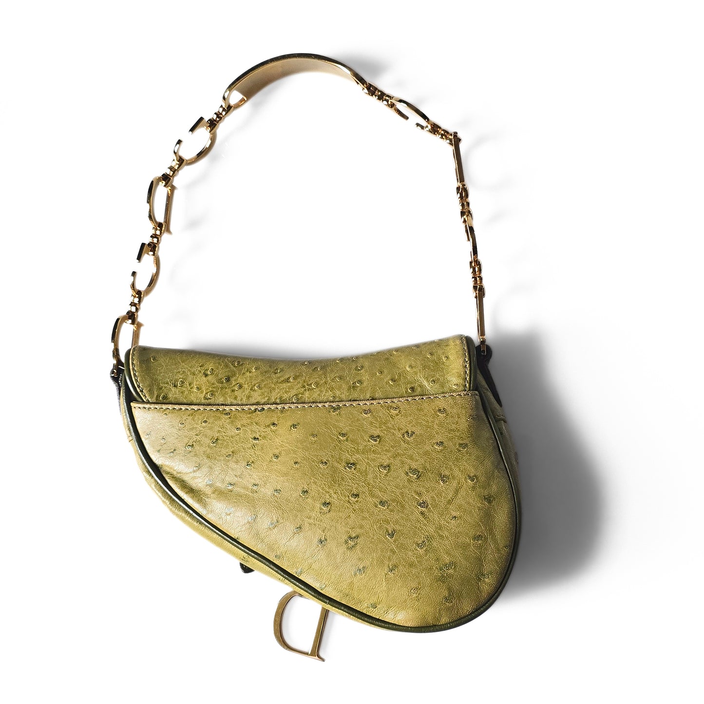 Dior Saddle Bag Green Ostrich Leather C&D Chain Strap Small