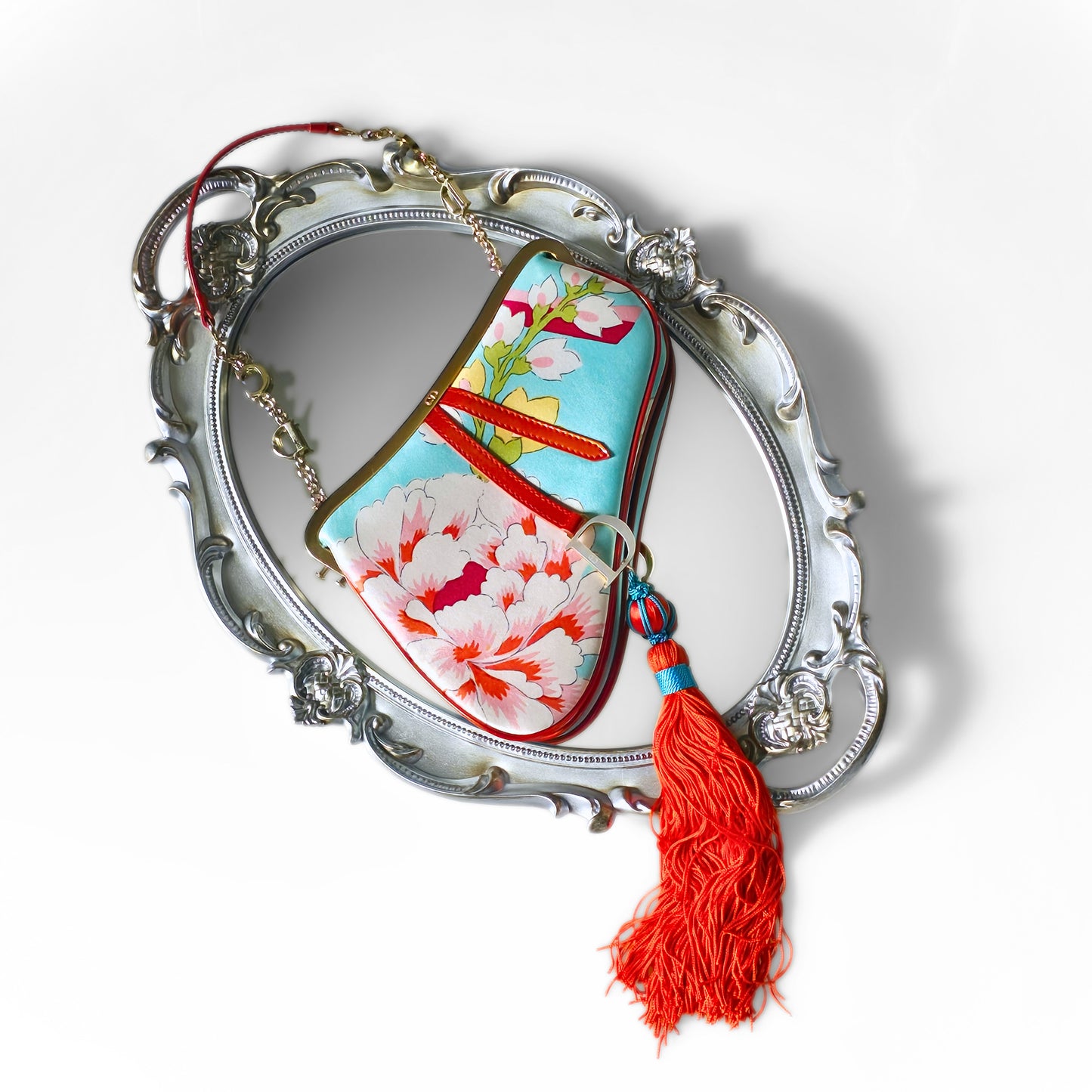 Dior Limited Edition 2003 Runway Floral Print Silk Mini Frame Saddle Bag Front Tassel Detail