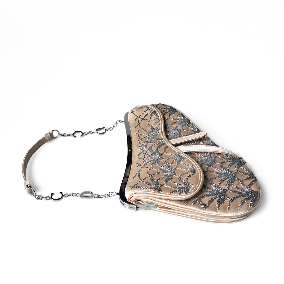 Dior Limited Edition Small Frame Saddle Bag Nude Silk Silver Beading