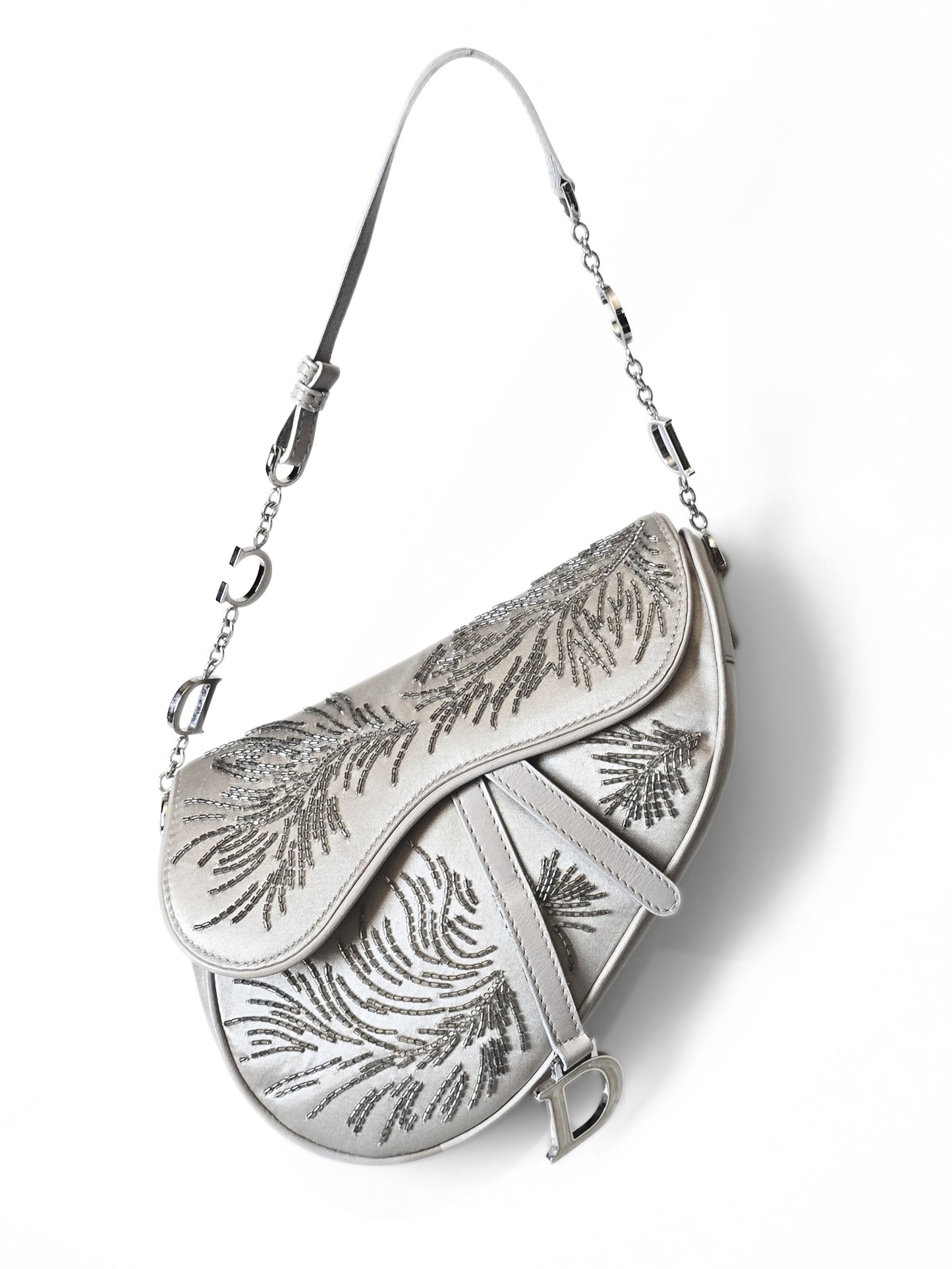 Dior Saddle Bag Limited Edition Beaded Silver Silk