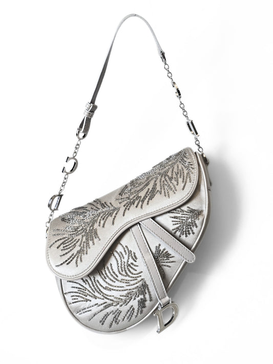 Dior Saddle Bag Limited Edition Beaded Silver Silk